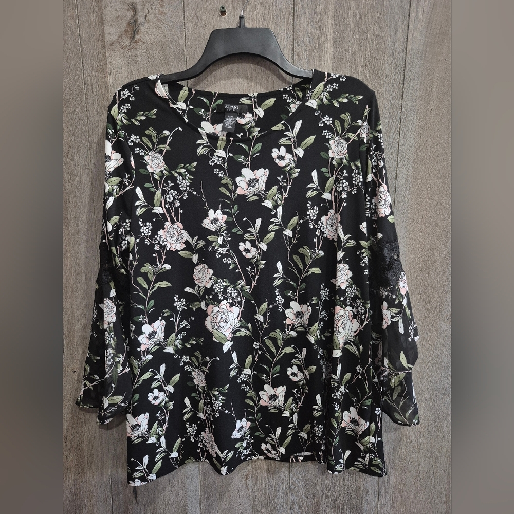 Alfani Blouse Flowers Black White Pink (Size XL)
